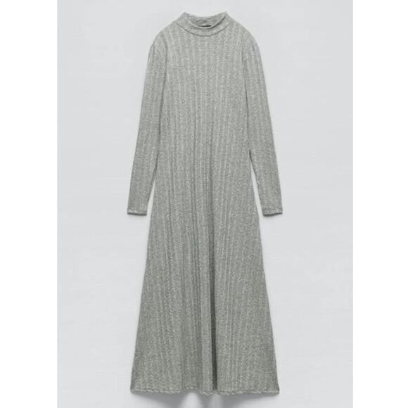 Zara Gray Marl Knit Midi Dress Long Sleeve Mock Neck A-Line Ribbed Jersey - Picture 11 of 11